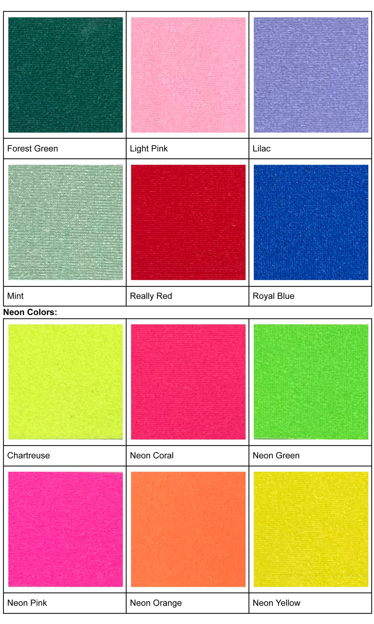 A chart displaying fabric swatches labeled with colors—ideal for choosing your Strappy-Back Tight Long Prom Dress by Atria—in shades like Forest Green, Lilac, Neon Coral, and Really Red.